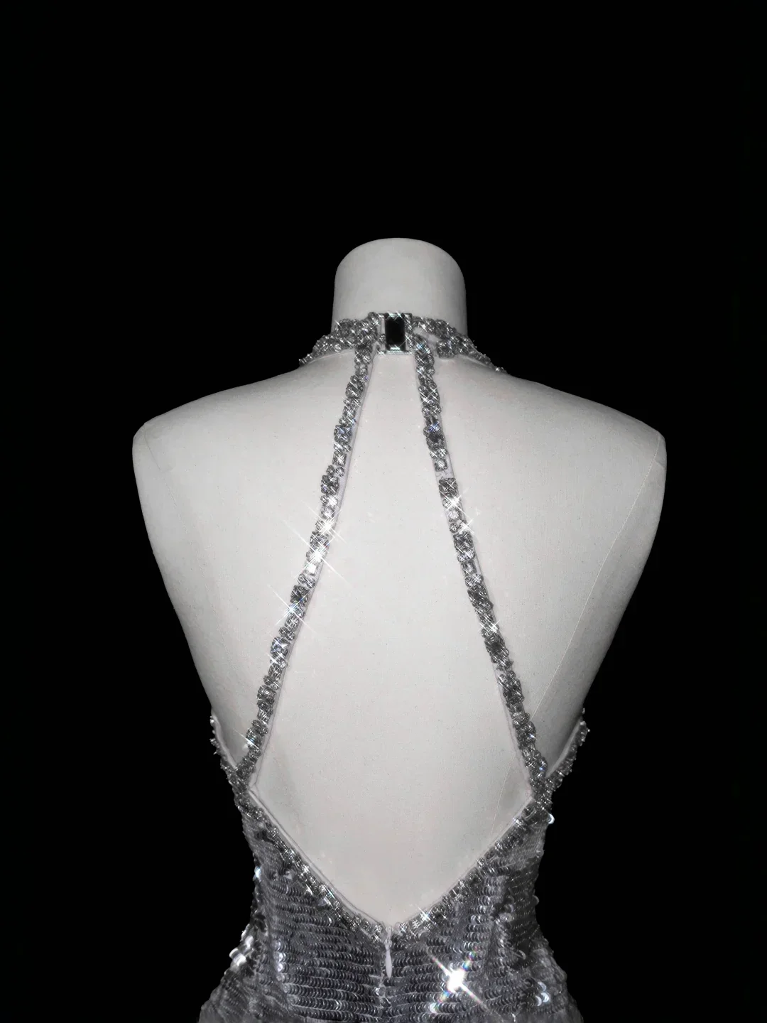 Sparkly Silver Deep V Halter Sequins Beaded Backless Evening Dress Mermaid Prom Dress Y8687 - Image 5