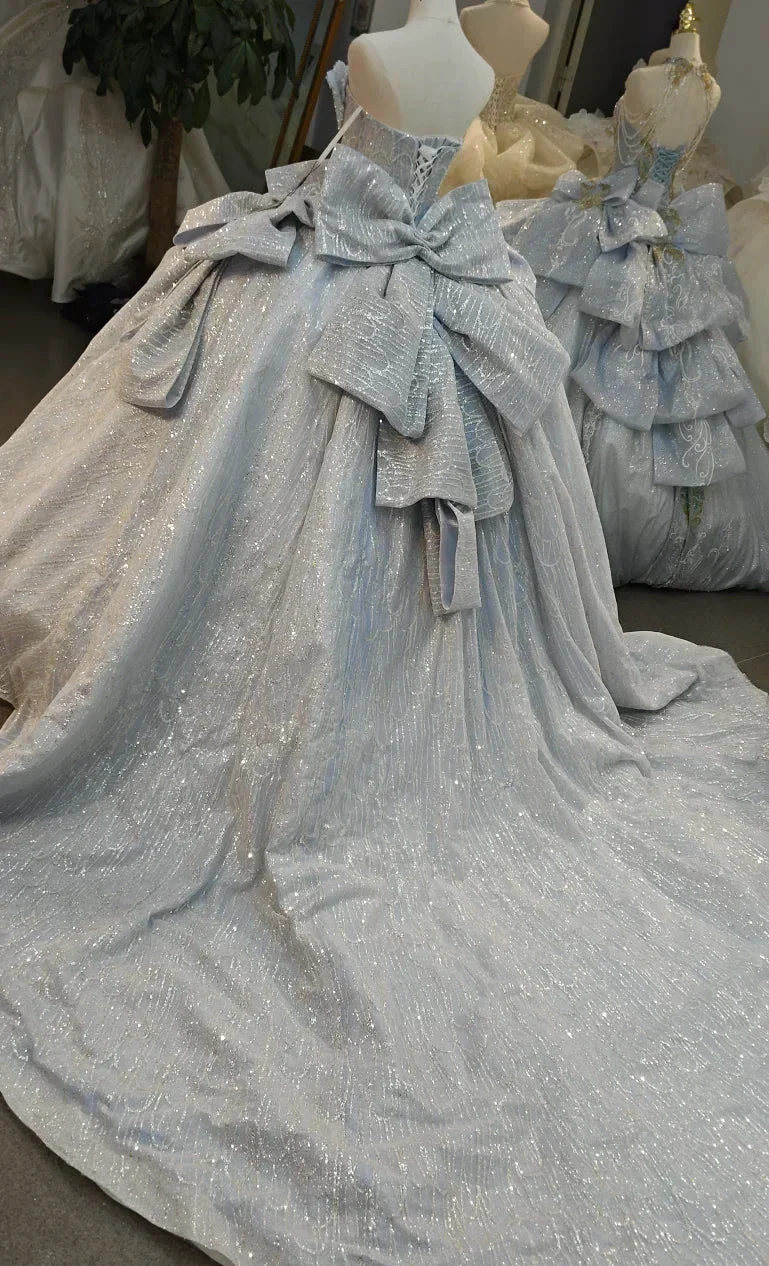 Dreamy Light Blue Sweetheart Ball Gown Wedding Dress with Sequin Tulle, Pearl Beading & Oversized Bow Ye-2029 - Image 3
