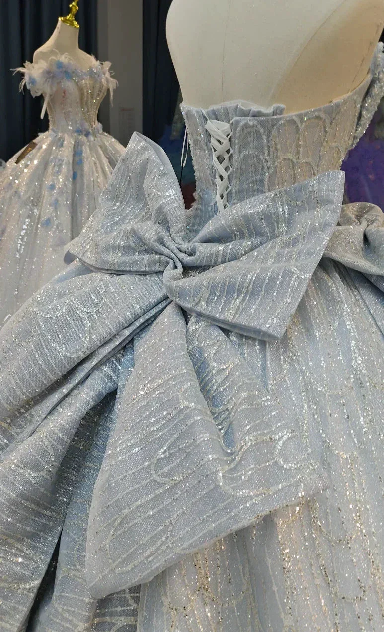 Dreamy Light Blue Sweetheart Ball Gown Wedding Dress with Sequin Tulle, Pearl Beading & Oversized Bow Ye-2029 - Image 4
