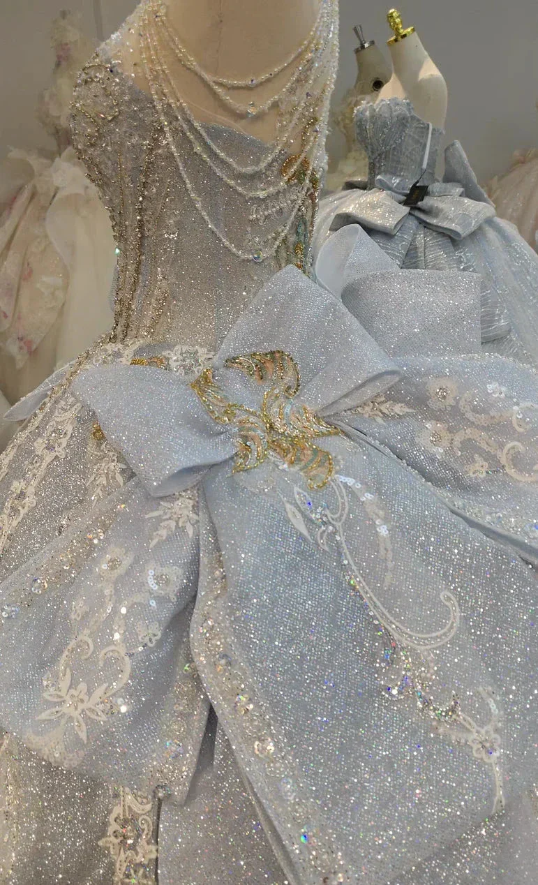 Regal Silver-Gold Ball Gown Halter Neck Beaded Embroidery Wedding Dress with Oversized Bows Ye-2018 - Image 3