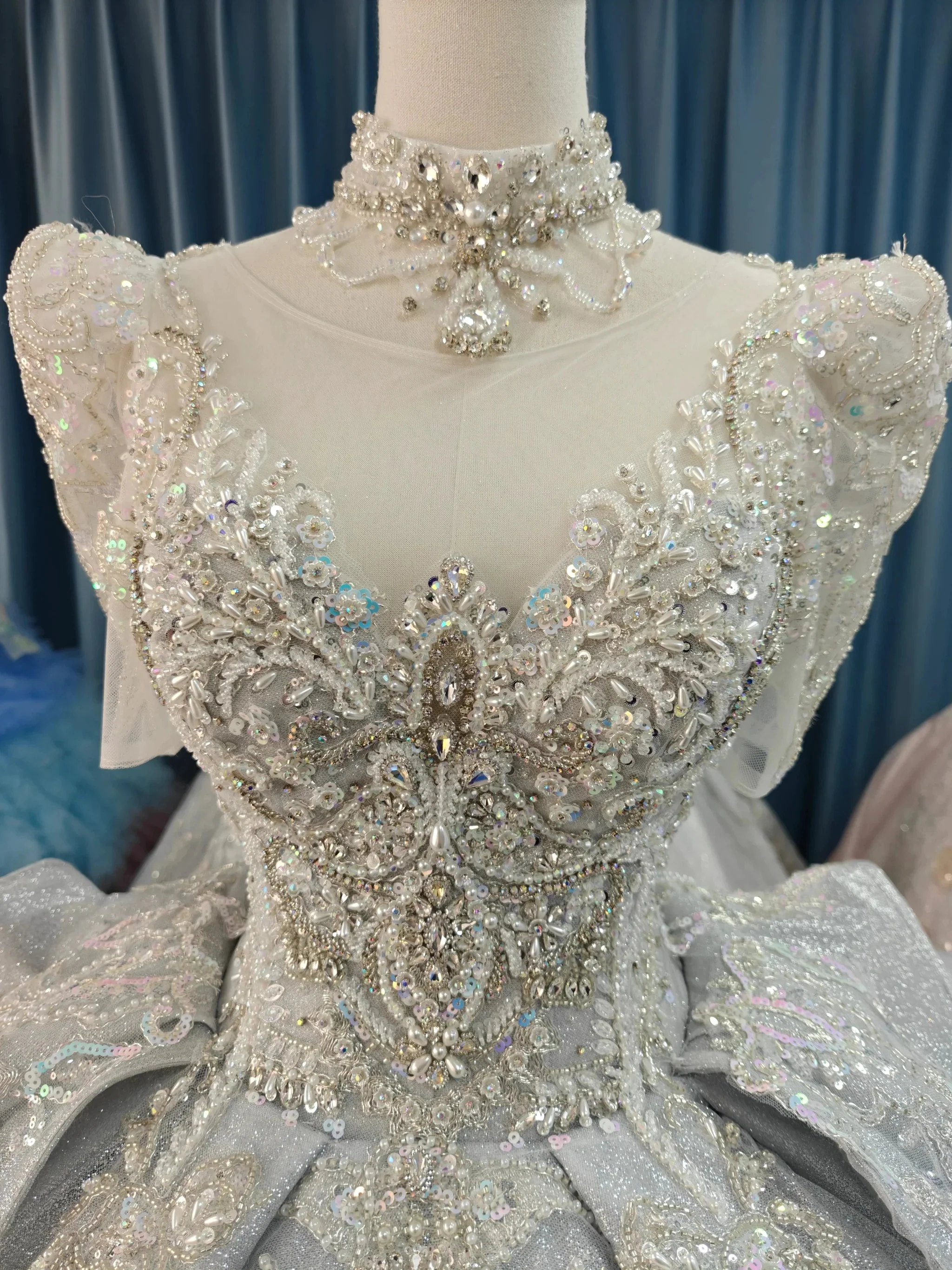 Silver Glitz Cap-Sleeve Ballgown Iridescent Beaded Bust & Sculptural Tiered Skirt - Image 2