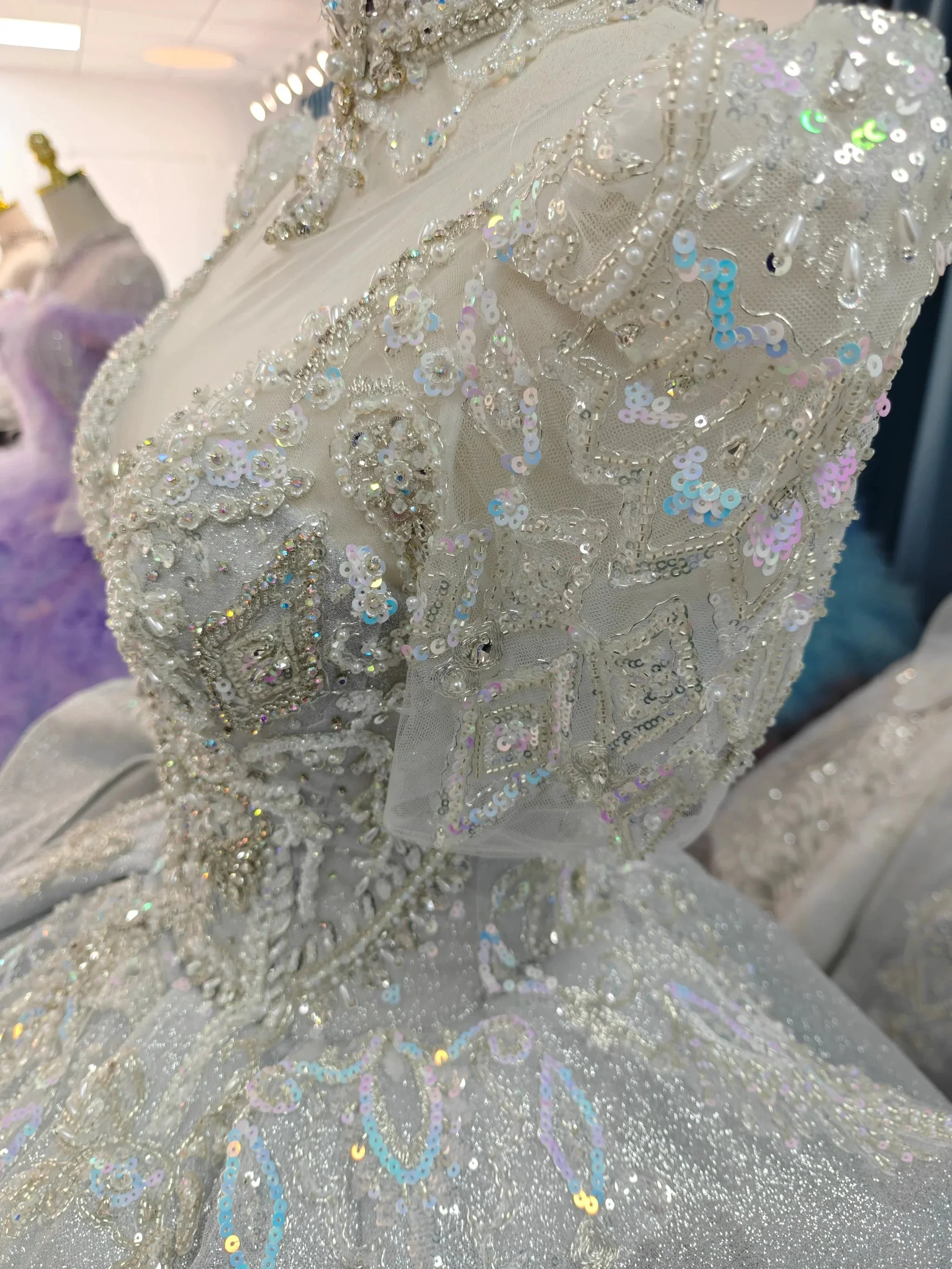 Silver Glitz Cap-Sleeve Ballgown Iridescent Beaded Bust & Sculptural Tiered Skirt - Image 3
