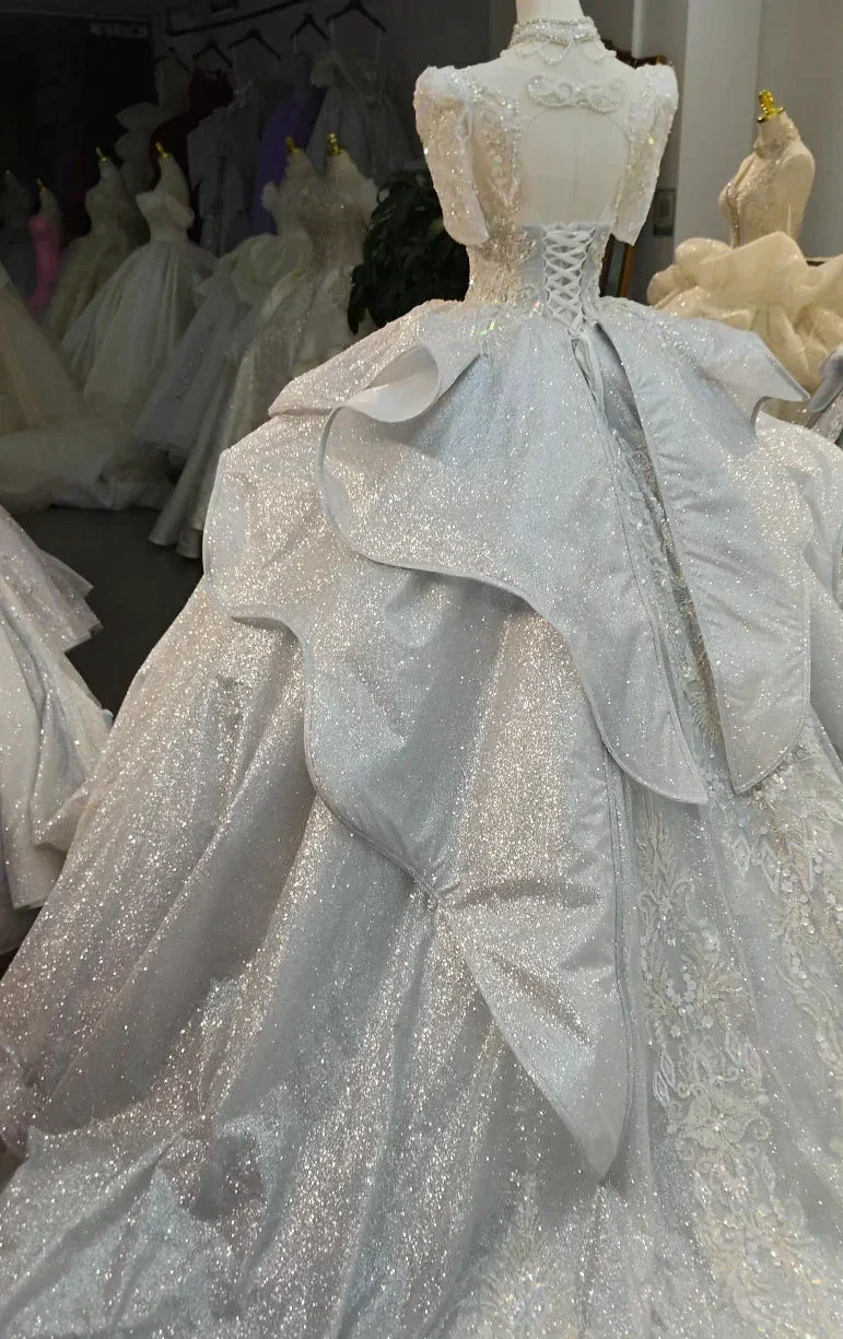 Silver Glitz Cap-Sleeve Ballgown Iridescent Beaded Bust & Sculptural Tiered Skirt - Image 4