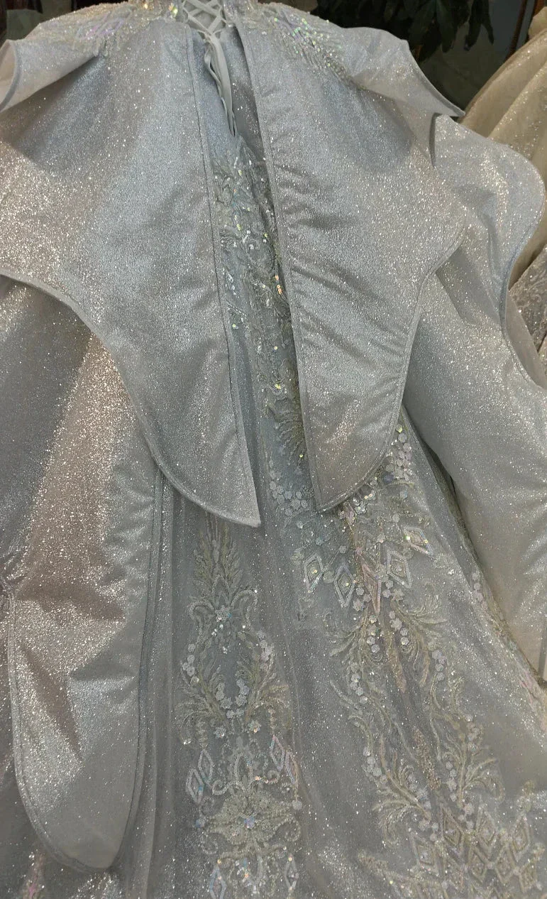 Silver Glitz Cap-Sleeve Ballgown Iridescent Beaded Bust & Sculptural Tiered Skirt - Image 5