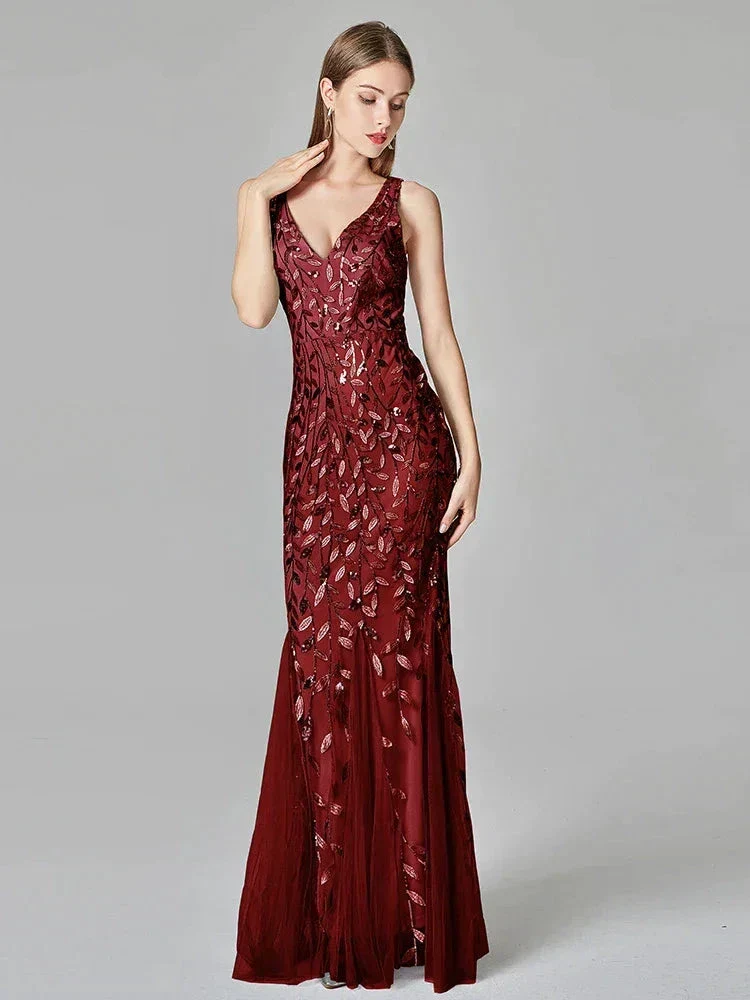 Silver Gray Elegant Fashion Evening Dresses Sexy Simple V Collar Open Back Sleeveless Embroidered Beads Fishtail Dress Gown SYP191 - Image 2