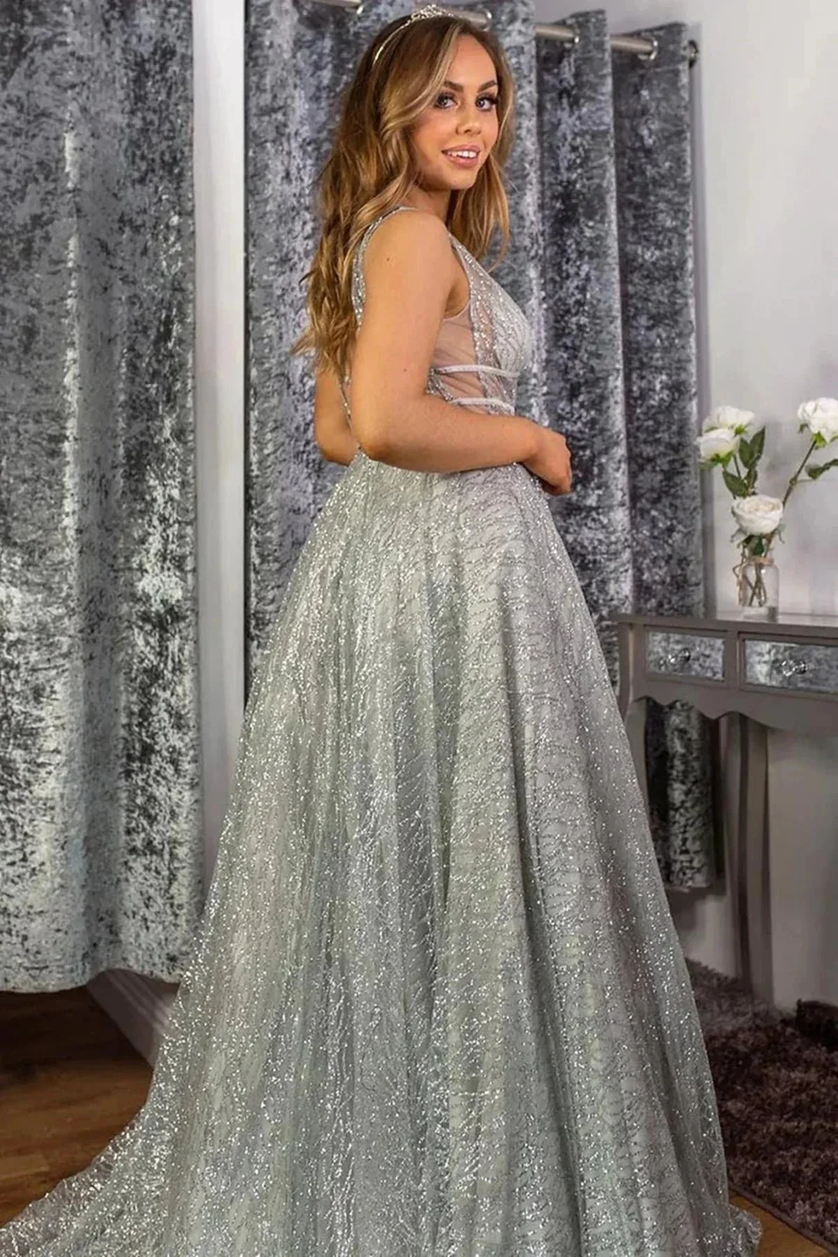 Silver Gray Long A-line Sequins V Neck Sequined Open Back Prom Dresses - Image 2