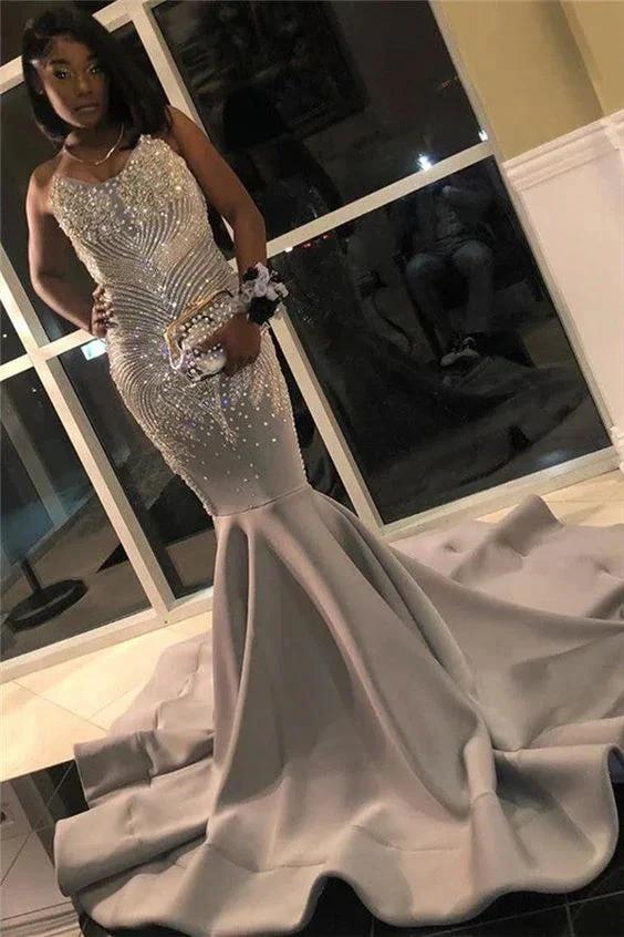Silver Grey Mermaid Prom Dresses with Beads Crystals Sexy Strapless Sleeveless Formal Evening Gowns Y883 - Image 2