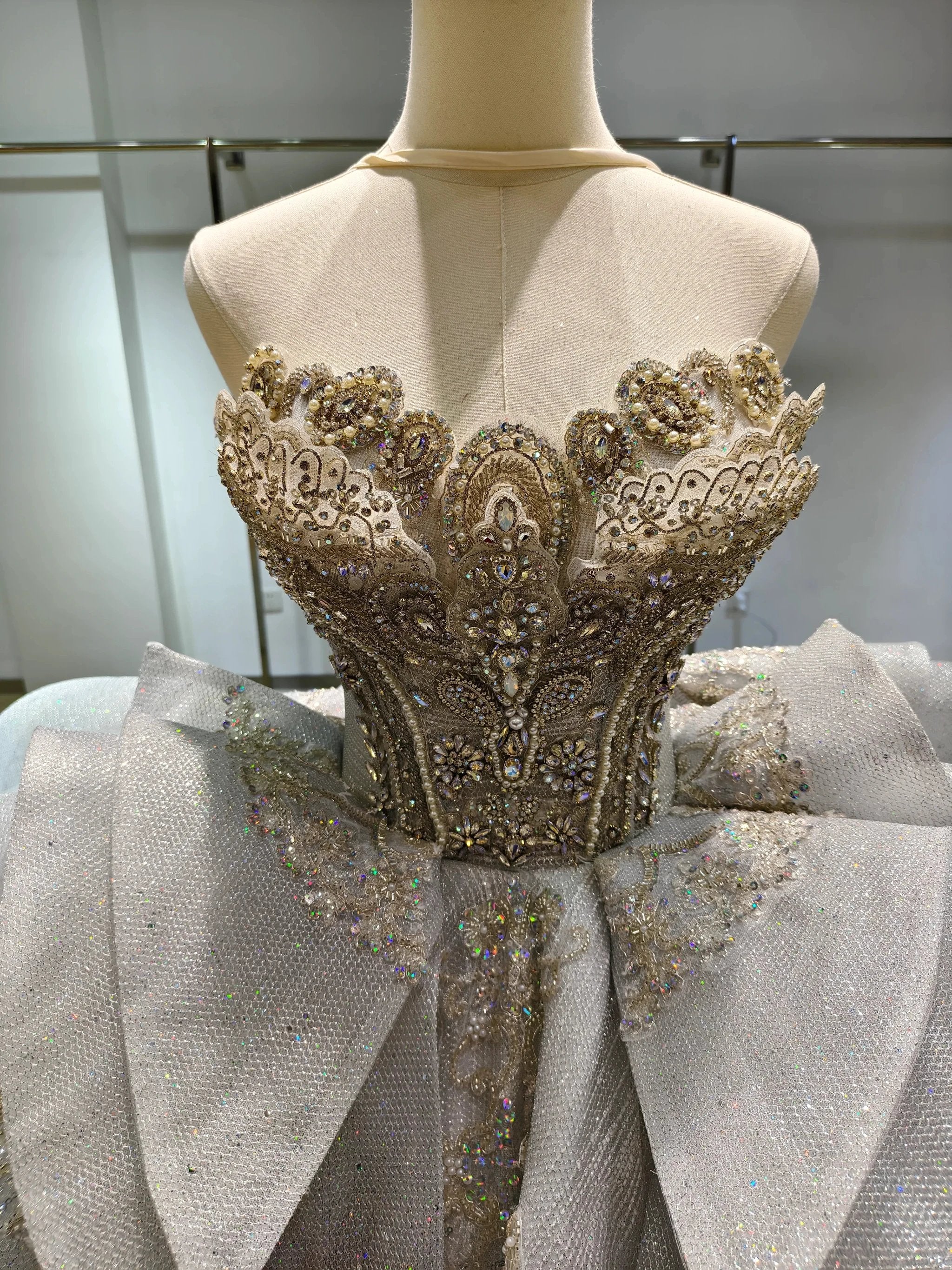 Silver Haze Strapless Ballgown: Gilded Beaded Bust & Ruffled Train - Image 2