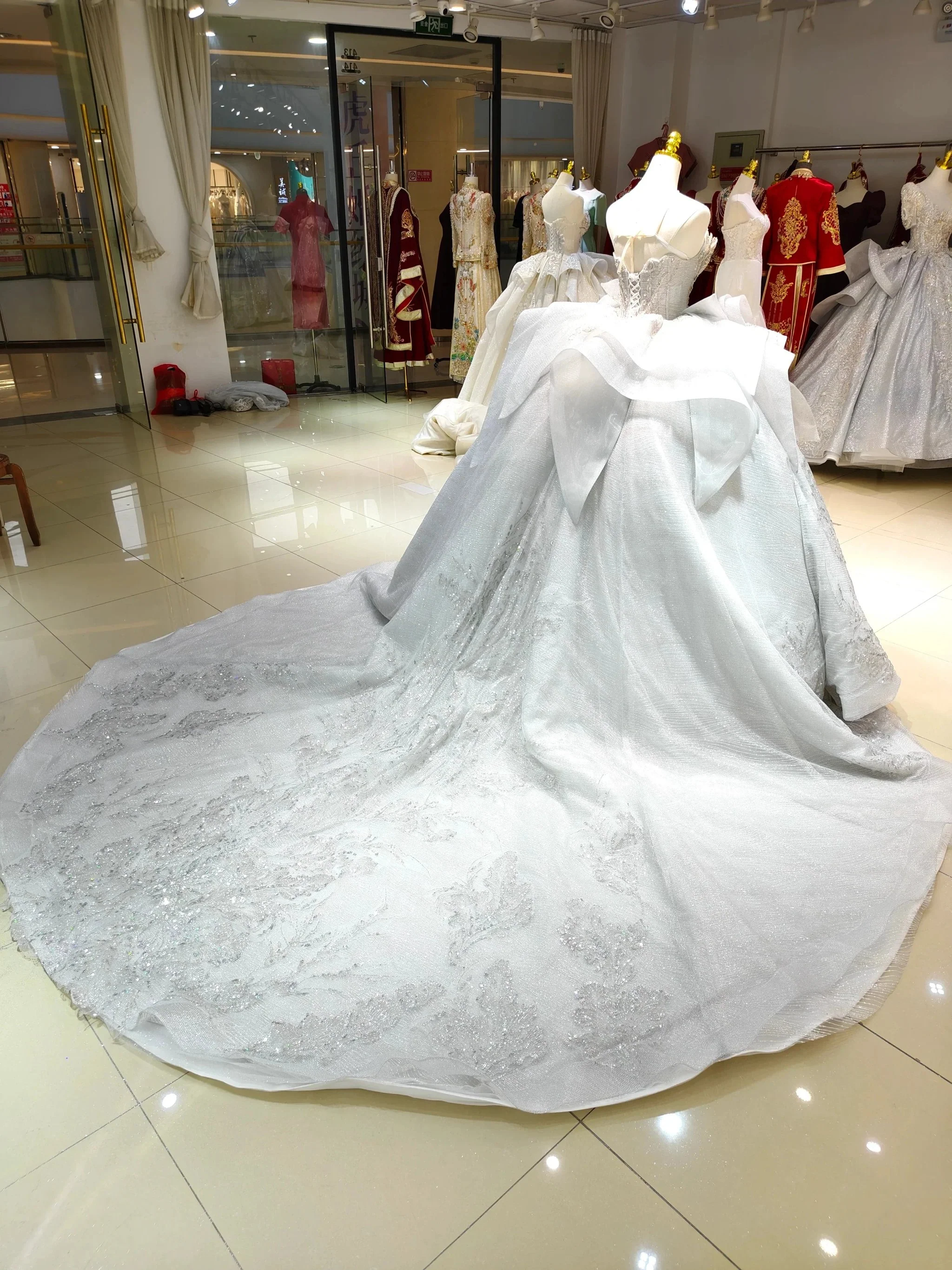 Silver Haze Strapless Ballgown: Gilded Beaded Bust & Ruffled Train - Image 5