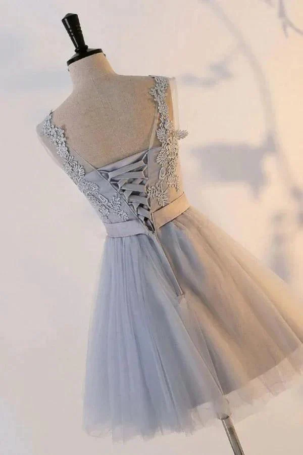 Silver Knot Tulle Homecoming Dresses Short Prom Dresses with Applique PD302 - Image 2
