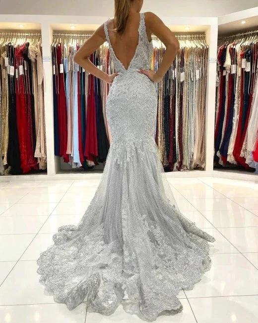 Silver Lace Long Sleeveless Mermaid Evening Dress - Image 2