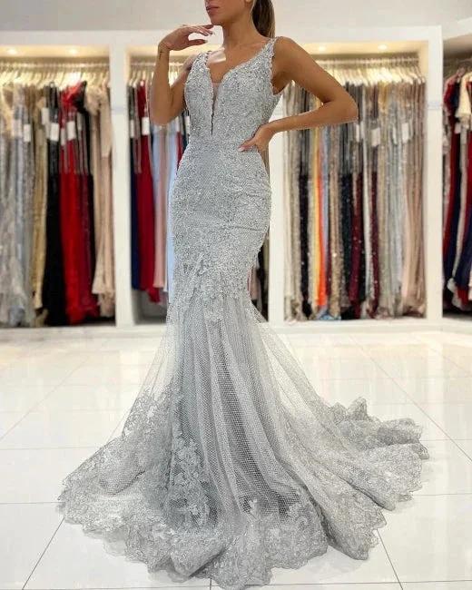 Silver Lace Long Sleeveless Mermaid Evening Dress - Image 4