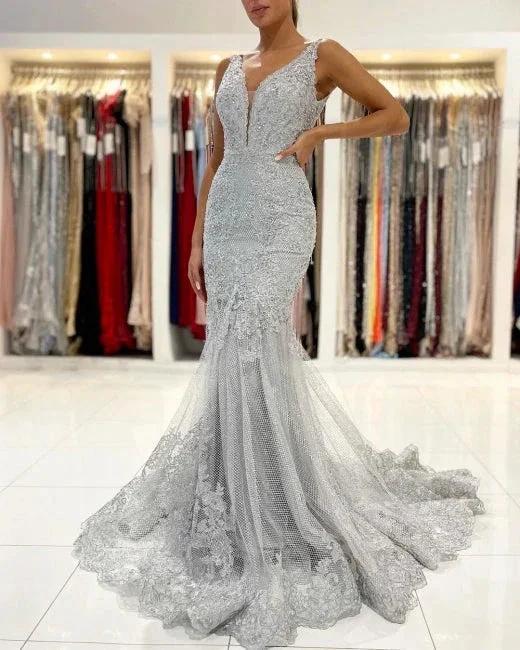 Silver Lace Long Sleeveless Mermaid Evening Dress - Image 6