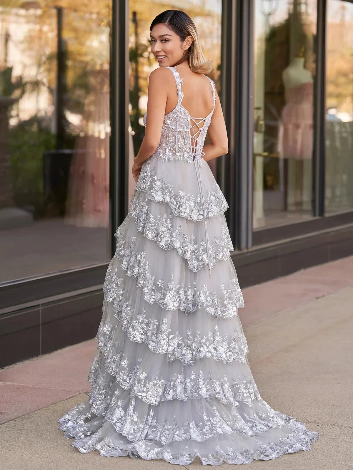 Silver Princess A Line Off the Shoulder Corset Prom Dress with Lace Ruffles - Image 2