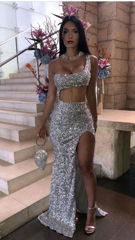 silver prom dress sequin prom dresses evening gown Y1036 - Image 2