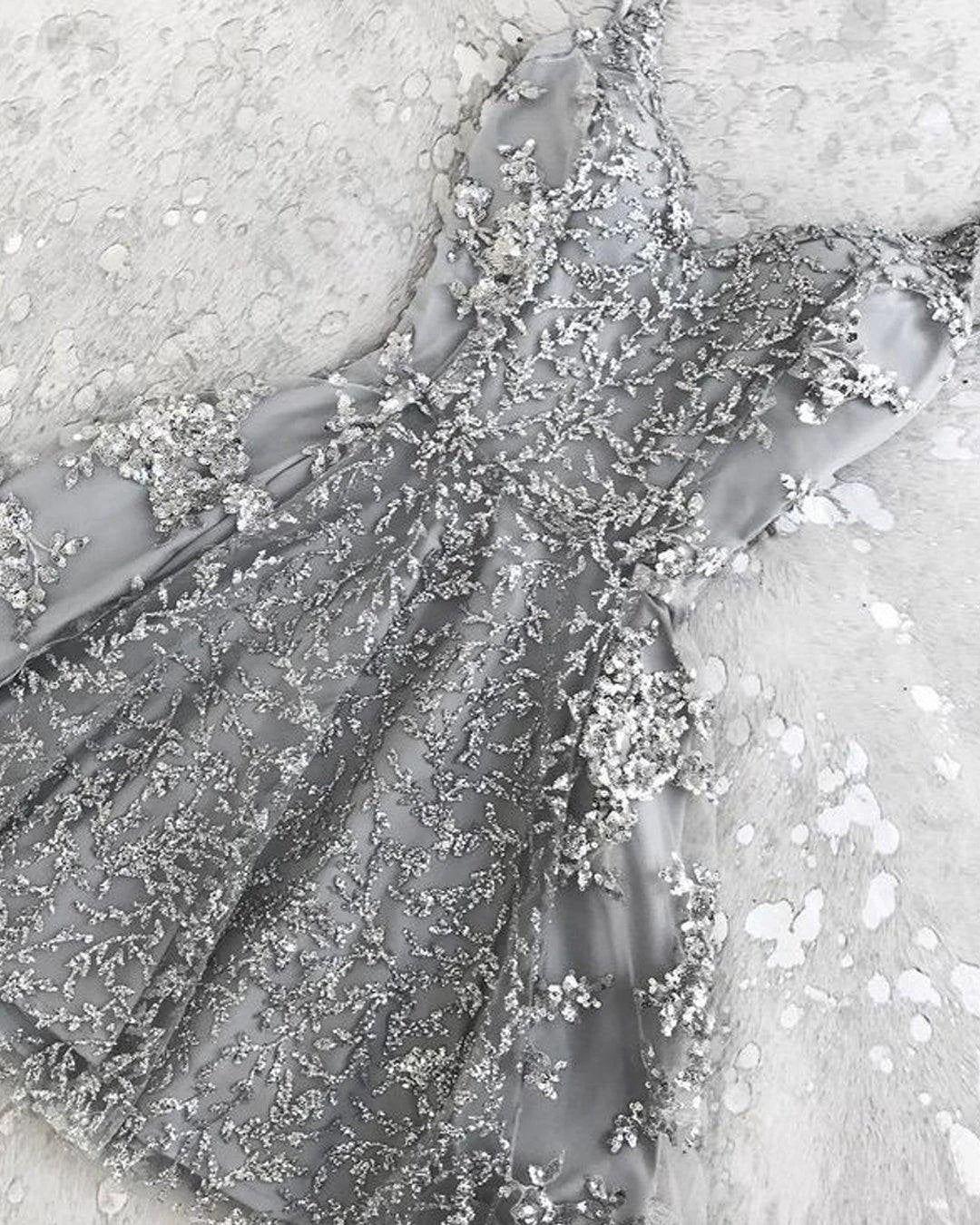 Silver Spaghetti Straps Backless V-neck Mini Short Homecoming Dress PD378 - Image 3