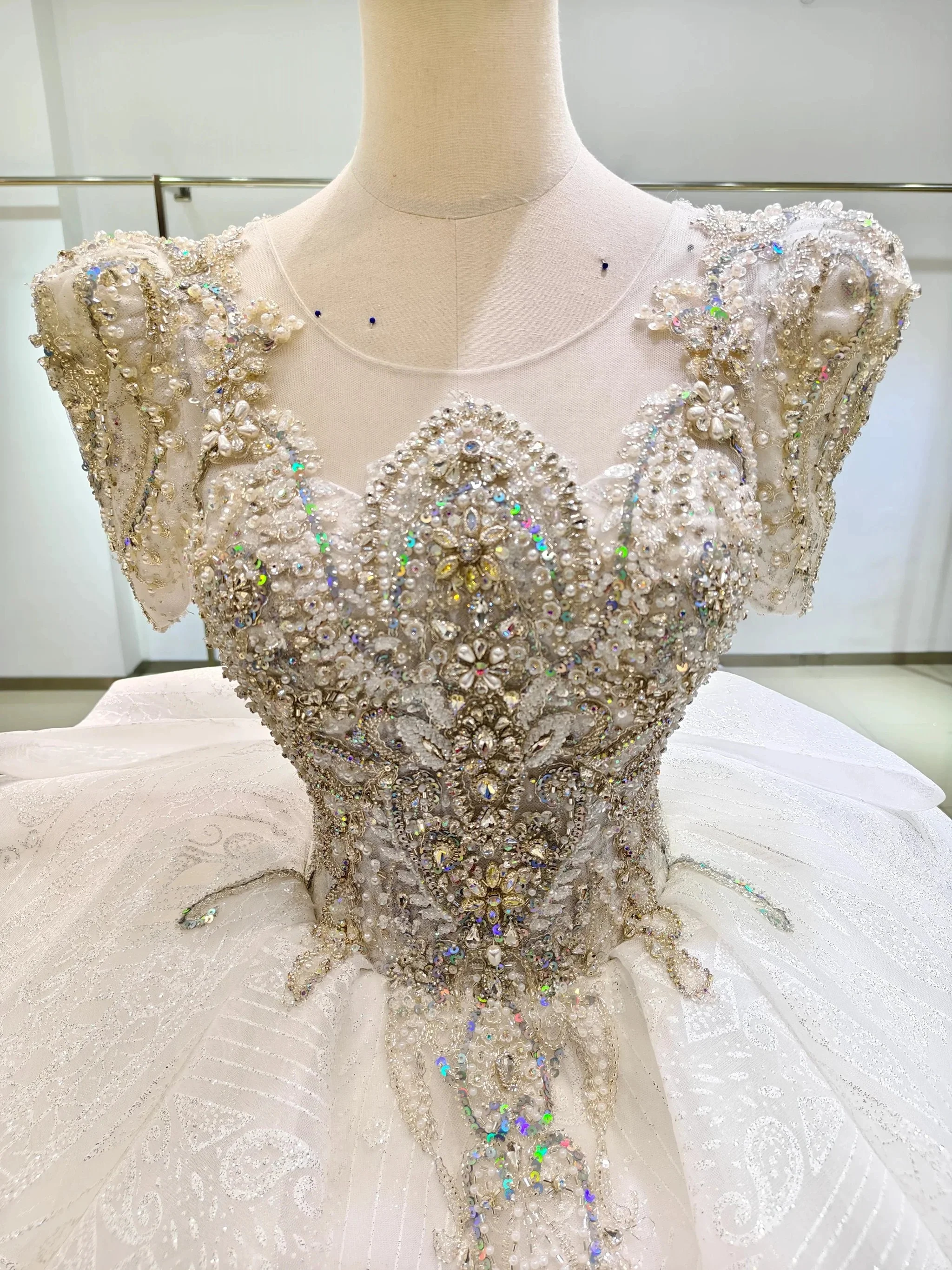Silver Sparkle Cap-Sleeve Ballgown Beaded Bust & Bow Train - Image 2