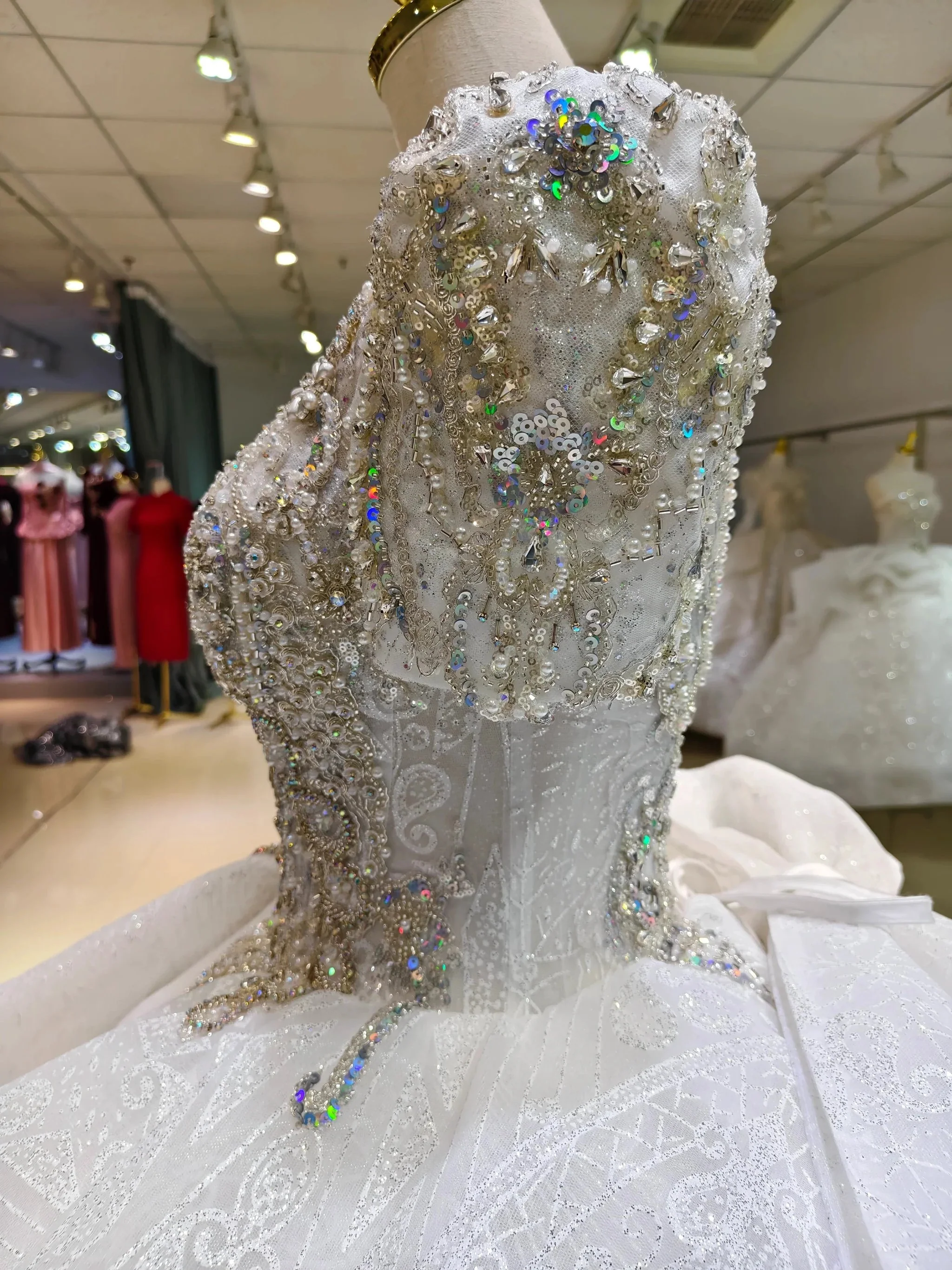 Silver Sparkle Cap-Sleeve Ballgown Beaded Bust & Bow Train - Image 3