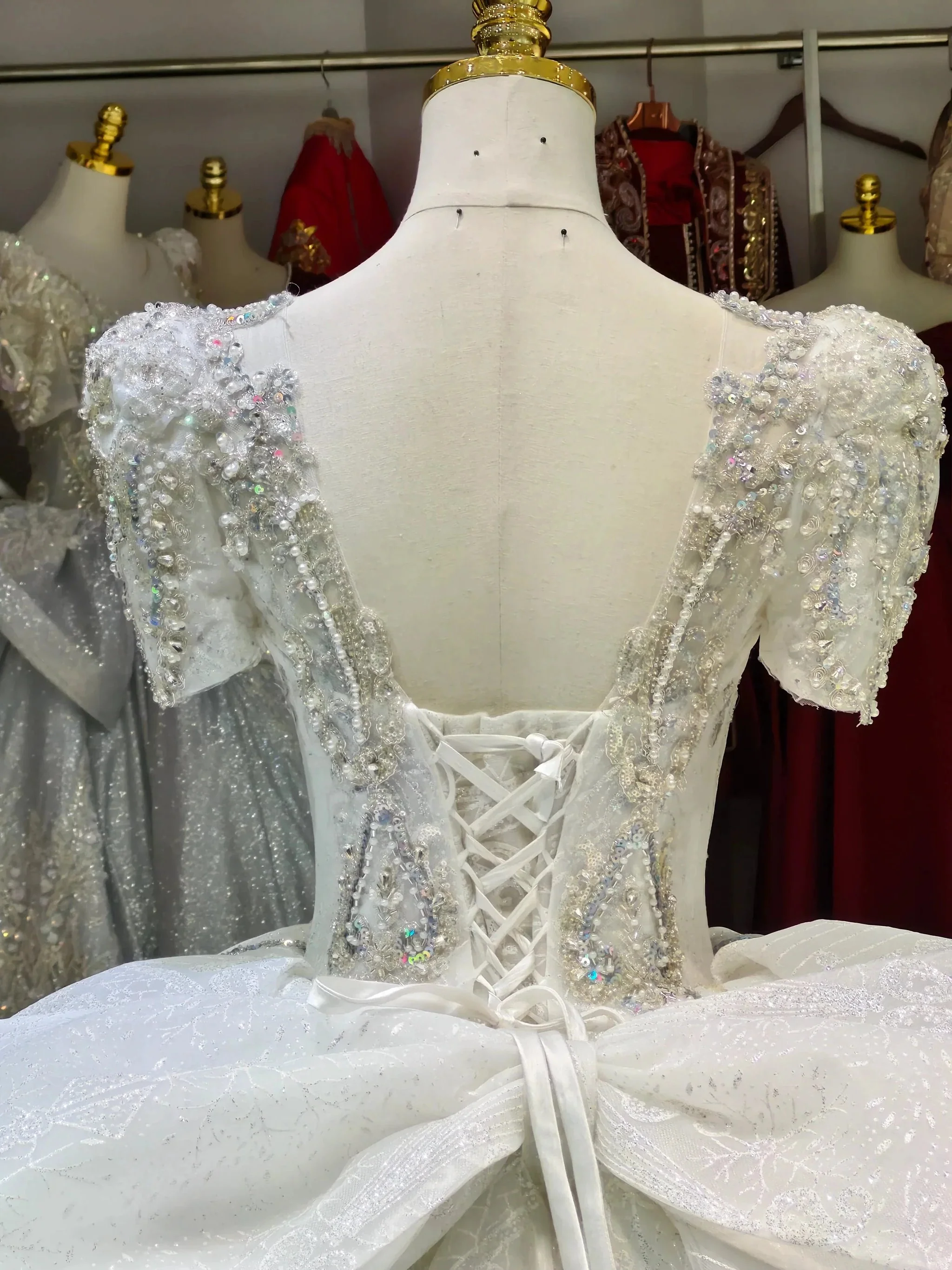 Silver Sparkle Cap-Sleeve Ballgown Beaded Bust & Bow Train - Image 4