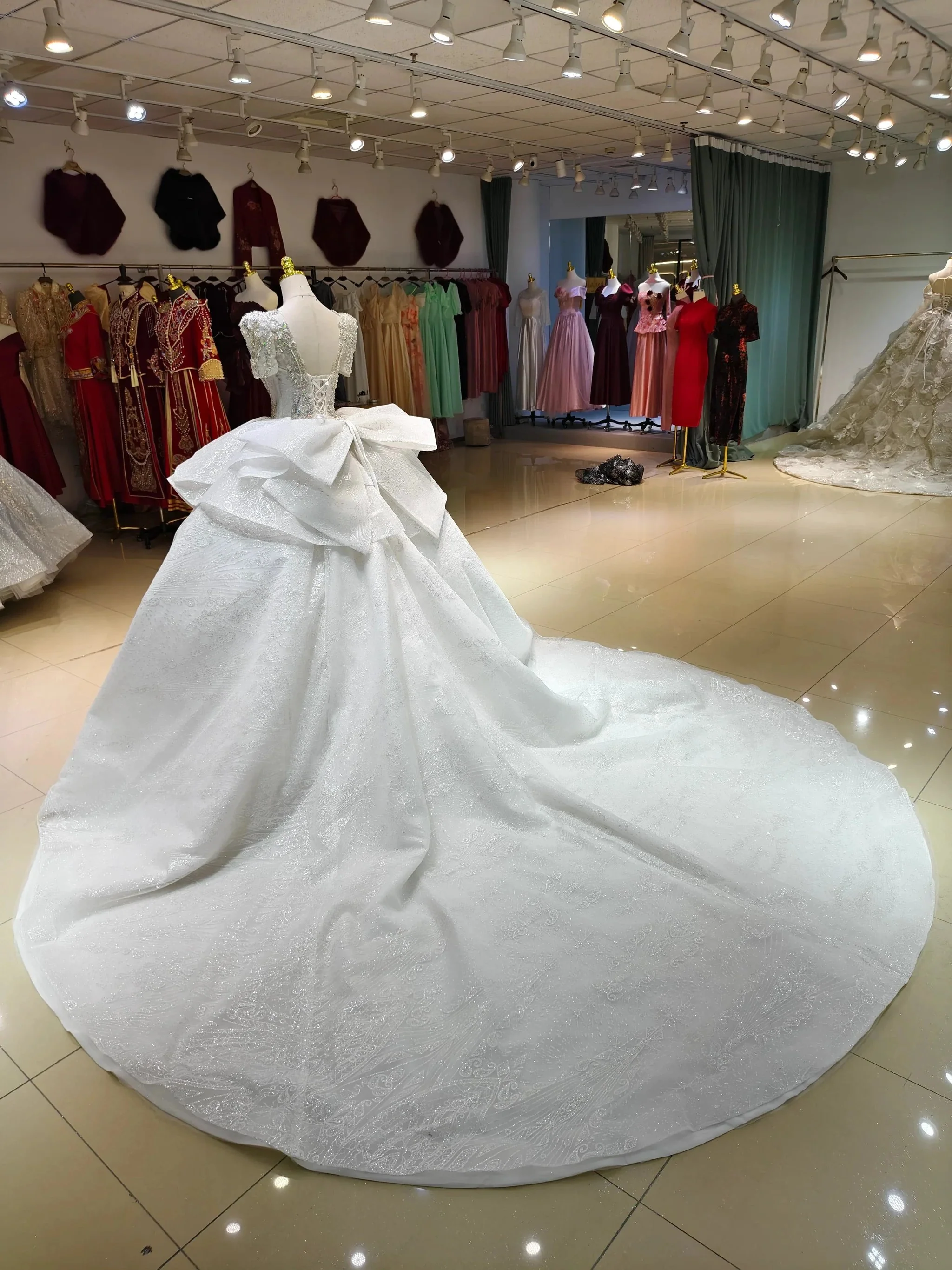 Silver Sparkle Cap-Sleeve Ballgown Beaded Bust & Bow Train - Image 5