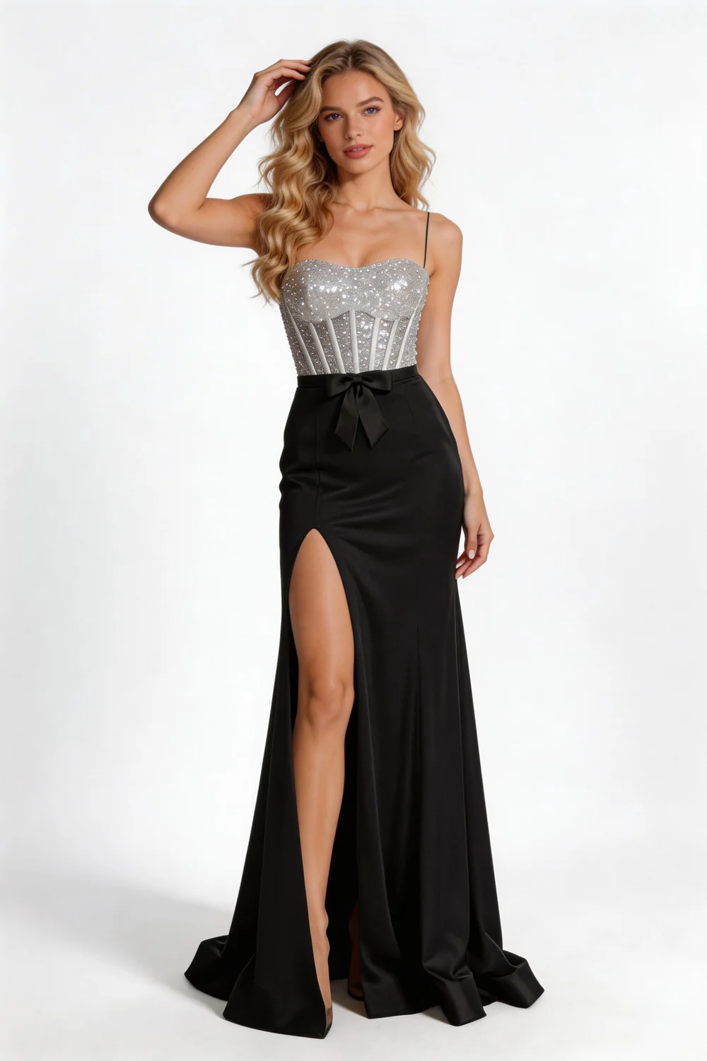 Silver Sparkle Corset Mermaid Gown With Black Satin Skirt - Image 3