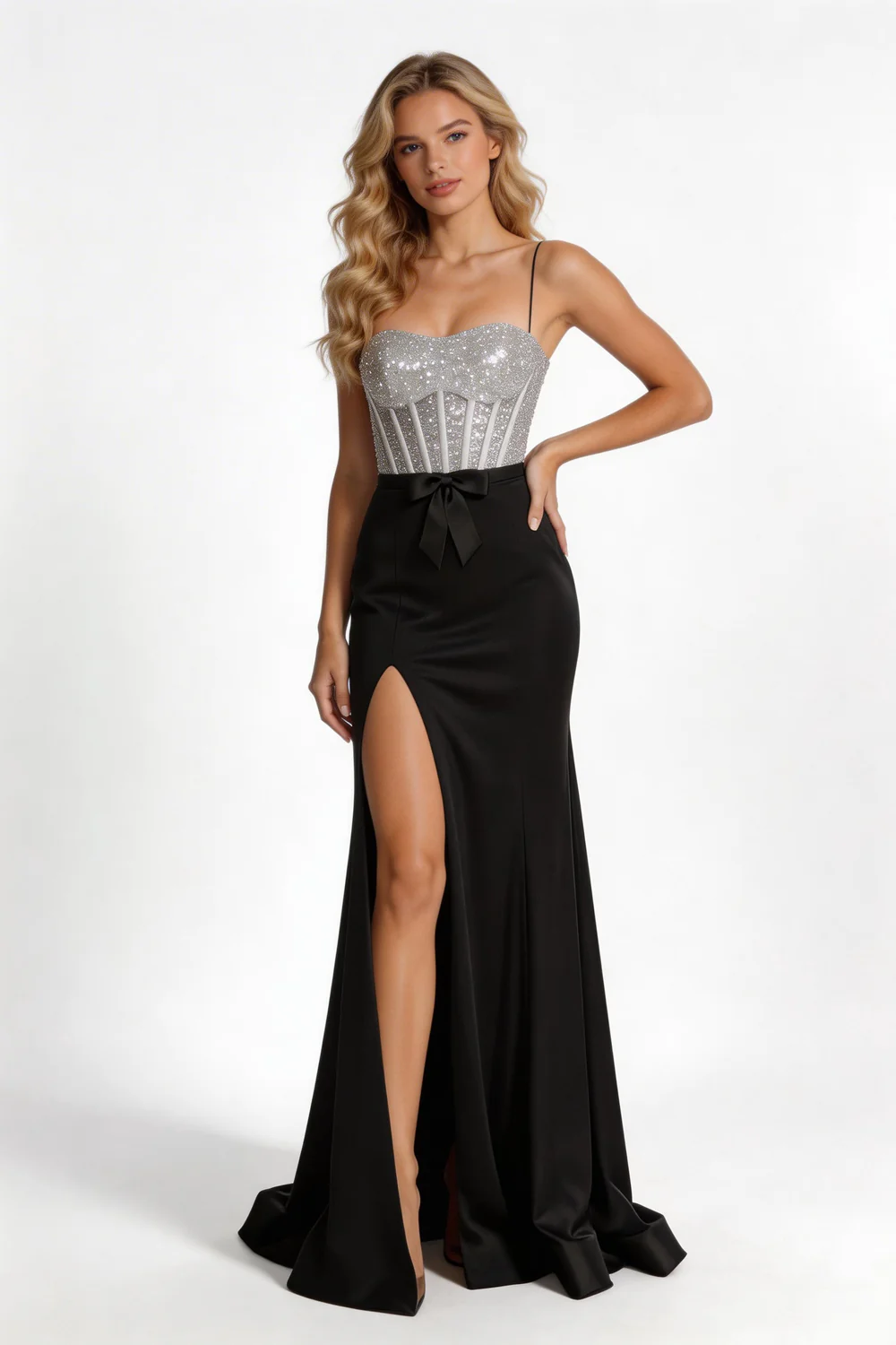 Silver Sparkle Corset Mermaid Gown With Black Satin Skirt - Image 4