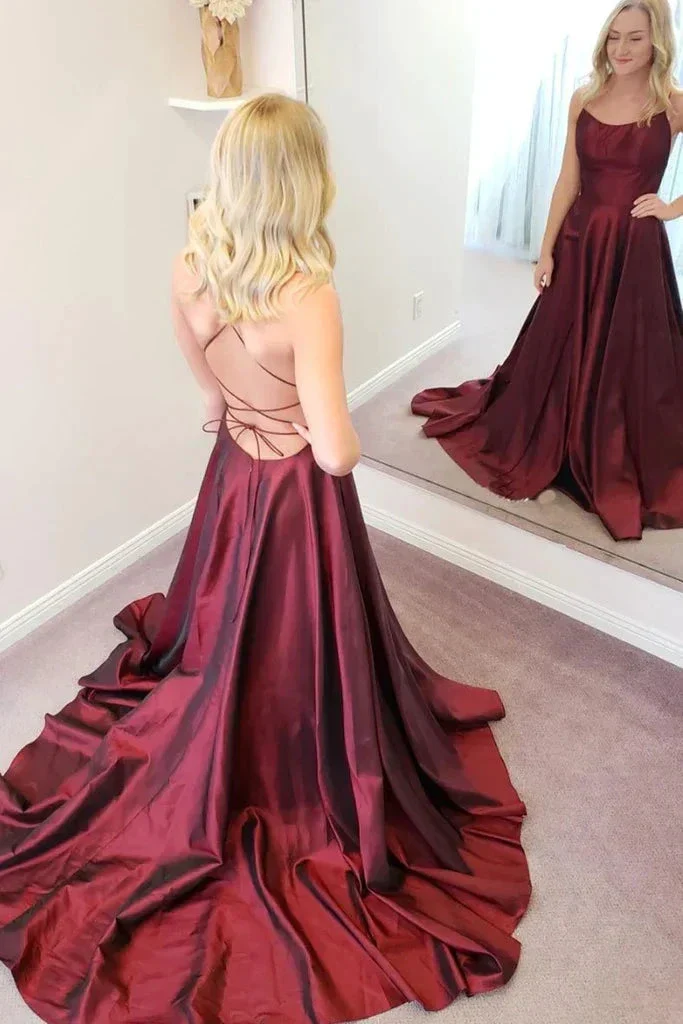 Simple A Line Backless Thin Strap Burgundy Satin Long Prom Dress, Backless Burgundy Formal Evening Dress Y224 - Image 2