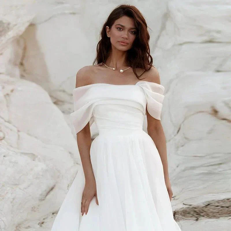 Simple A-Line Bohemian Bridal Dresses Women's Sexy Off Shoulder White Pleated Tulle Beach Formal Prom Party Fashion 2023 Wedding - Image 2