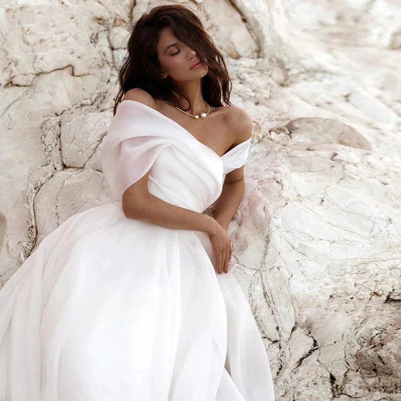 Simple A-Line Bohemian Bridal Dresses Women's Sexy Off Shoulder White Pleated Tulle Beach Formal Prom Party Fashion 2023 Wedding - Image 3