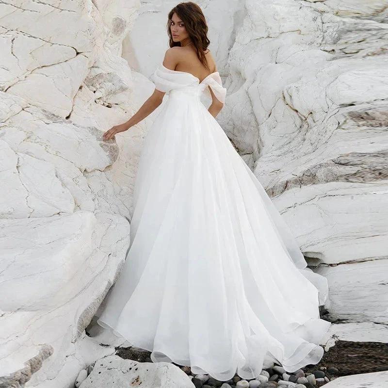 Simple A-Line Bohemian Bridal Dresses Women's Sexy Off Shoulder White Pleated Tulle Beach Formal Prom Party Fashion 2023 Wedding - Image 4