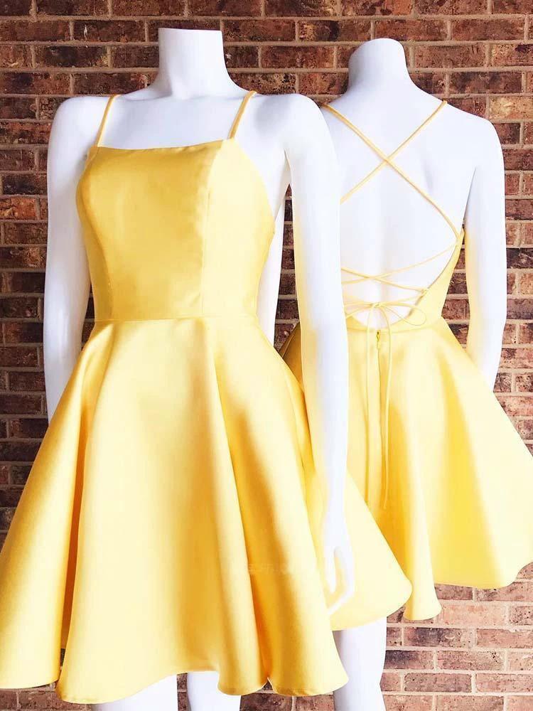 Simple A Line Cross Back Yellow Short Homecoming Dresses with Pockets  PD280 - Image 3