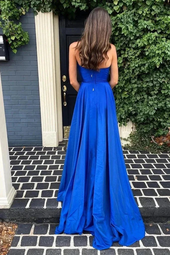 Simple A Line Deep V Neck Royal Blue Long Prom Dress with Split PSK466 - Image 2