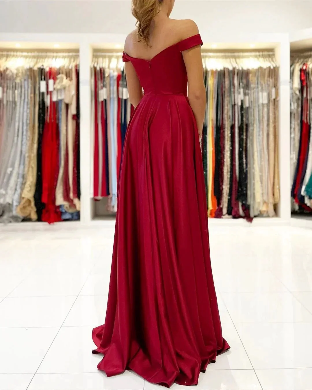 Simple A-line Off-the-shoulder Stretch Satin Long Prom Dress with Slit - Image 2