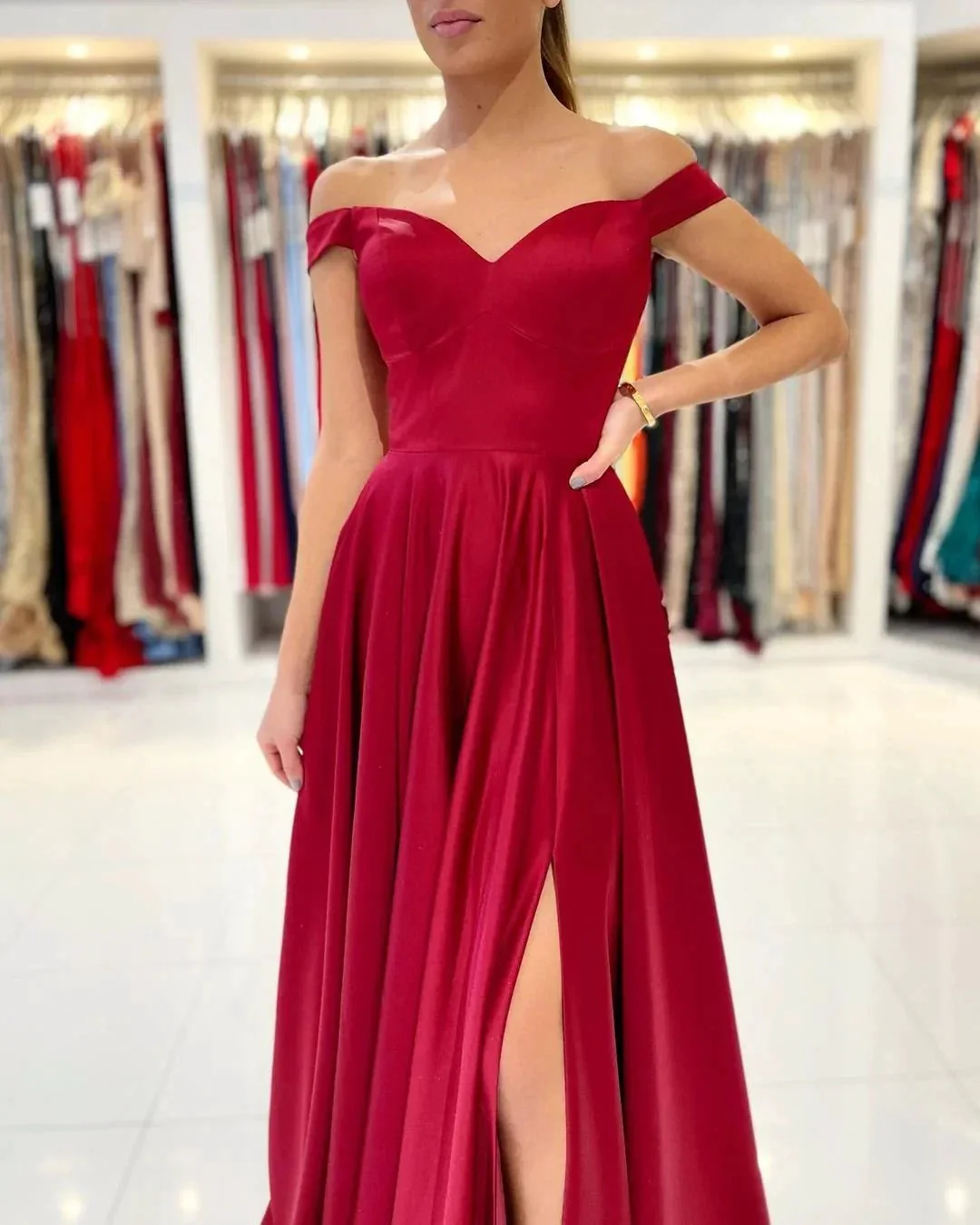 Simple A-line Off-the-shoulder Stretch Satin Long Prom Dress with Slit - Image 3