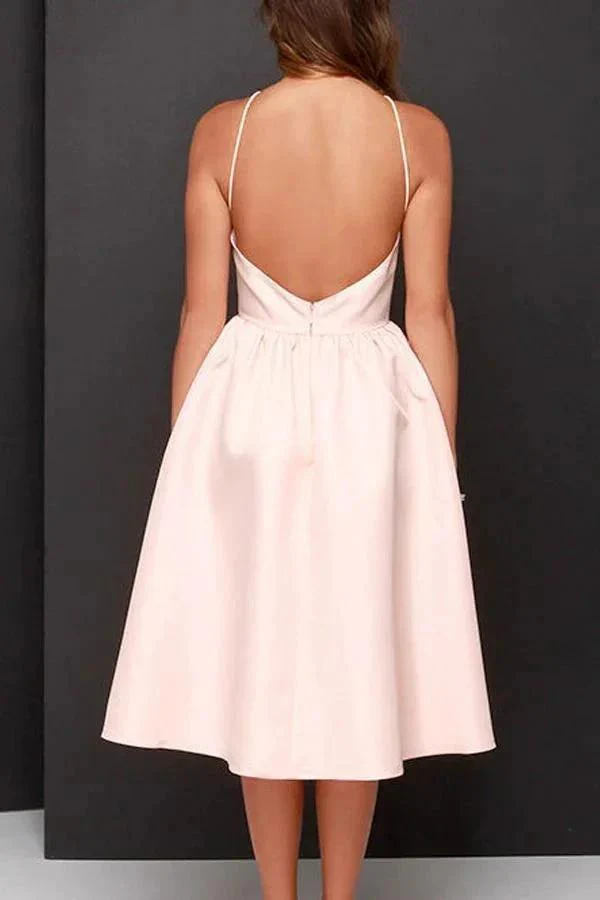 Simple A-line Pink Backless Tea Length Homecoming Dresses Party Dress PD365 - Image 2