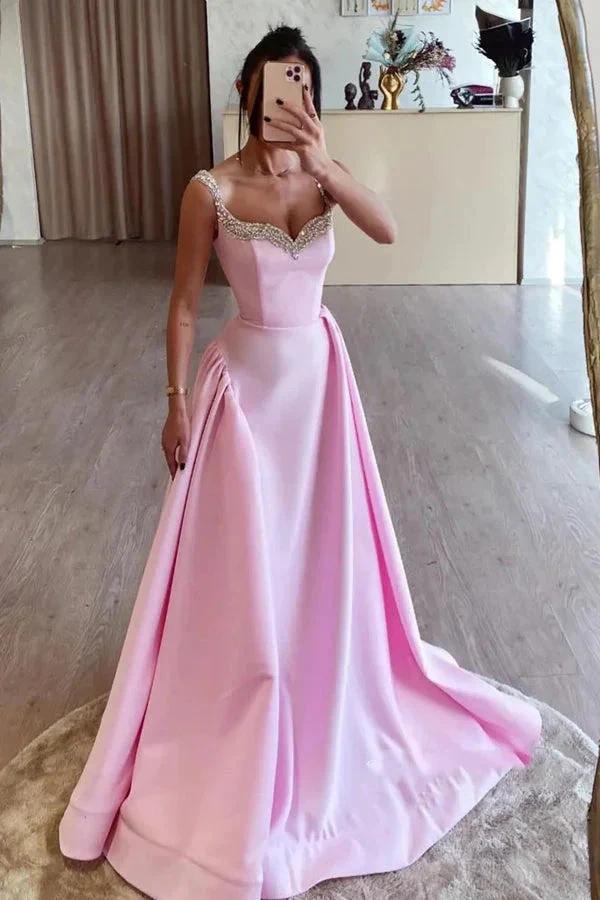 Simple A Line Pink Satin Long Prom Dresses with Beadings PSK562 - Image 2