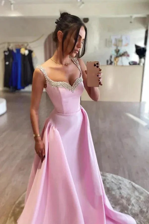 Simple A Line Pink Satin Long Prom Dresses with Beadings PSK562 - Image 3