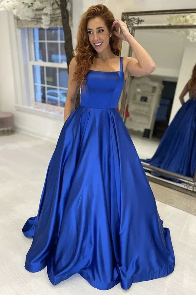 Simple A Line Royal Blue Satin Long Prom Dress, Long Blue Formal Graduation Evening Dress Y225 - Image 2