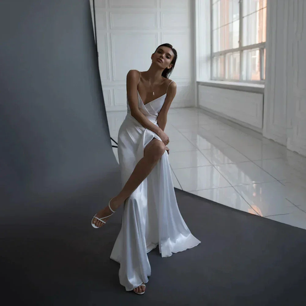 Simple A Line Satin Wedding Dress V Neckline Spaghetti Straps Bridal Gown Sexy High Split Backless Vestido De Novia Custom Made - Image 2