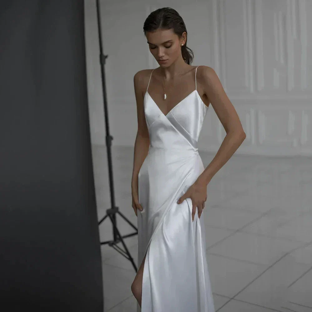 Simple A Line Satin Wedding Dress V Neckline Spaghetti Straps Bridal Gown Sexy High Split Backless Vestido De Novia Custom Made - Image 3