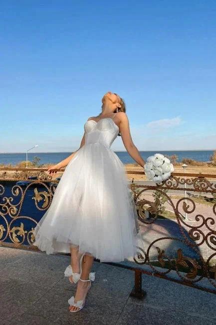 Simple A-Line Short Spaghetti Straps Tulle Wedding Dresses - Image 2