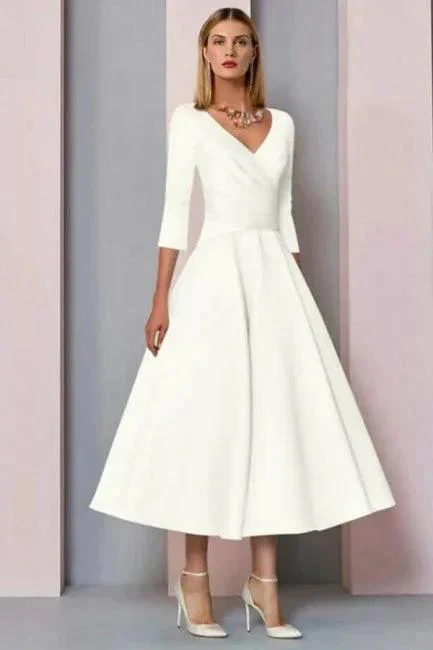 Simple A-line Short V-Neck Long Sleeves Satin Wedding Dresses - Image 2