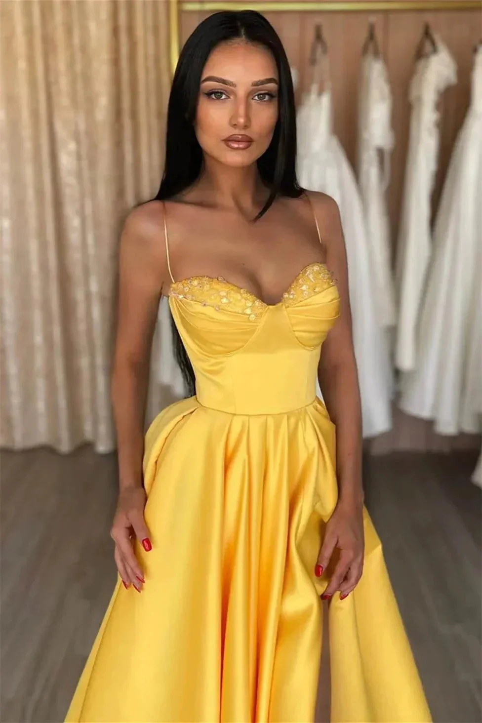 Simple A-line Spaghetti Straps Sequined Sleeveless Prom Dress With Slit - Image 2
