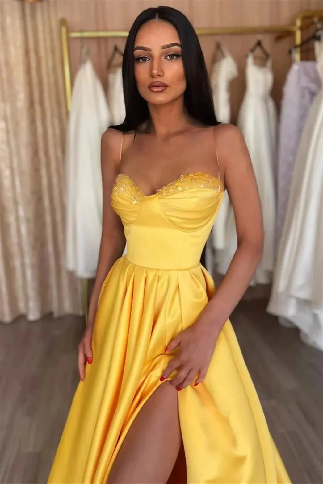Simple A-line Spaghetti Straps Sequined Sleeveless Prom Dress With Slit - Image 3