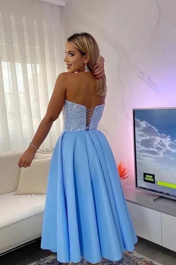 Simple A-line Strapless Satin Blue Short Prom Dress - Image 2