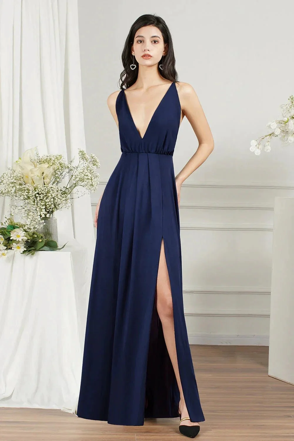 Simple A-line V-neck Backless Long Prom Dress With Slit - Image 2