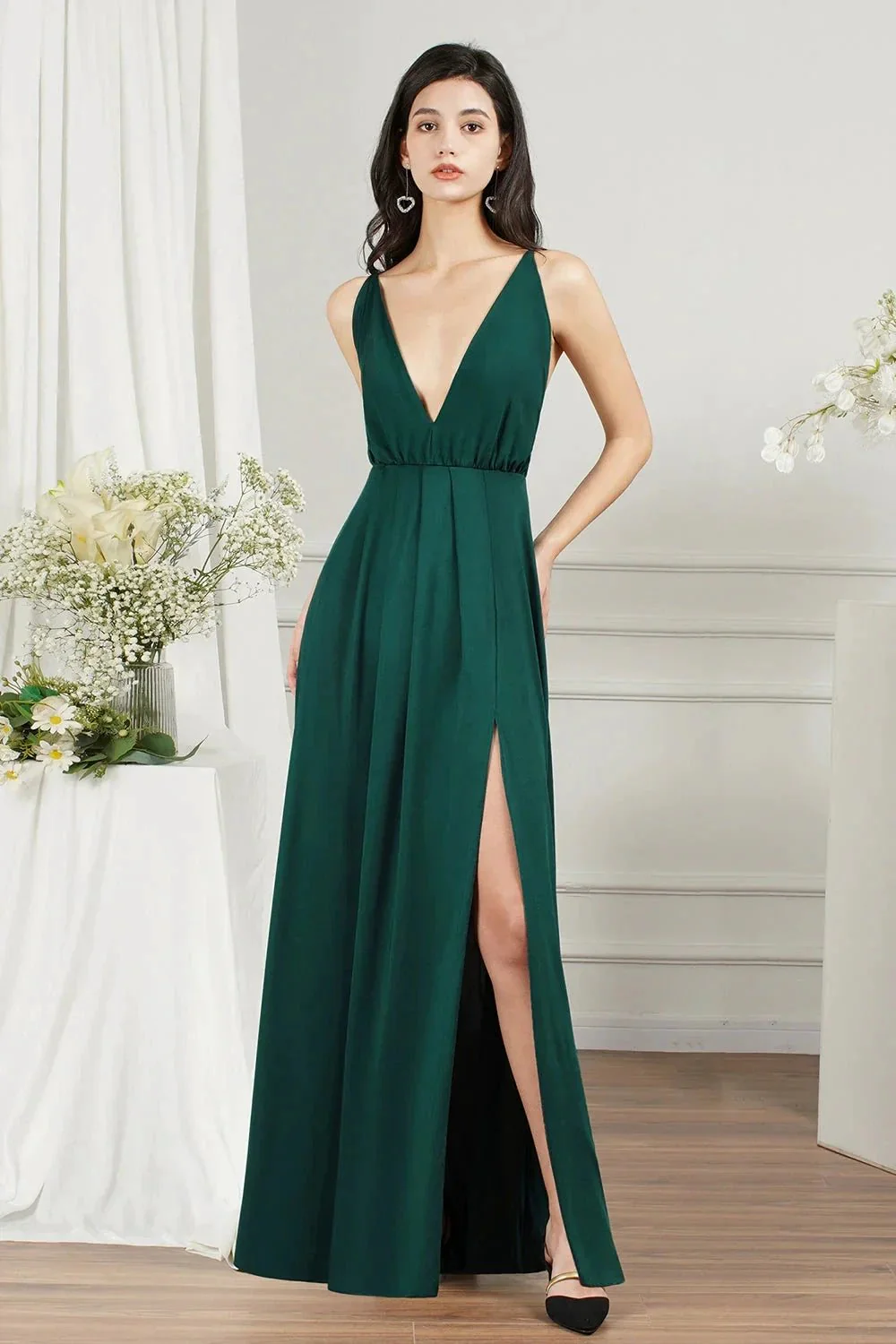 Simple A-line V-neck Backless Long Prom Dress With Slit - Image 3