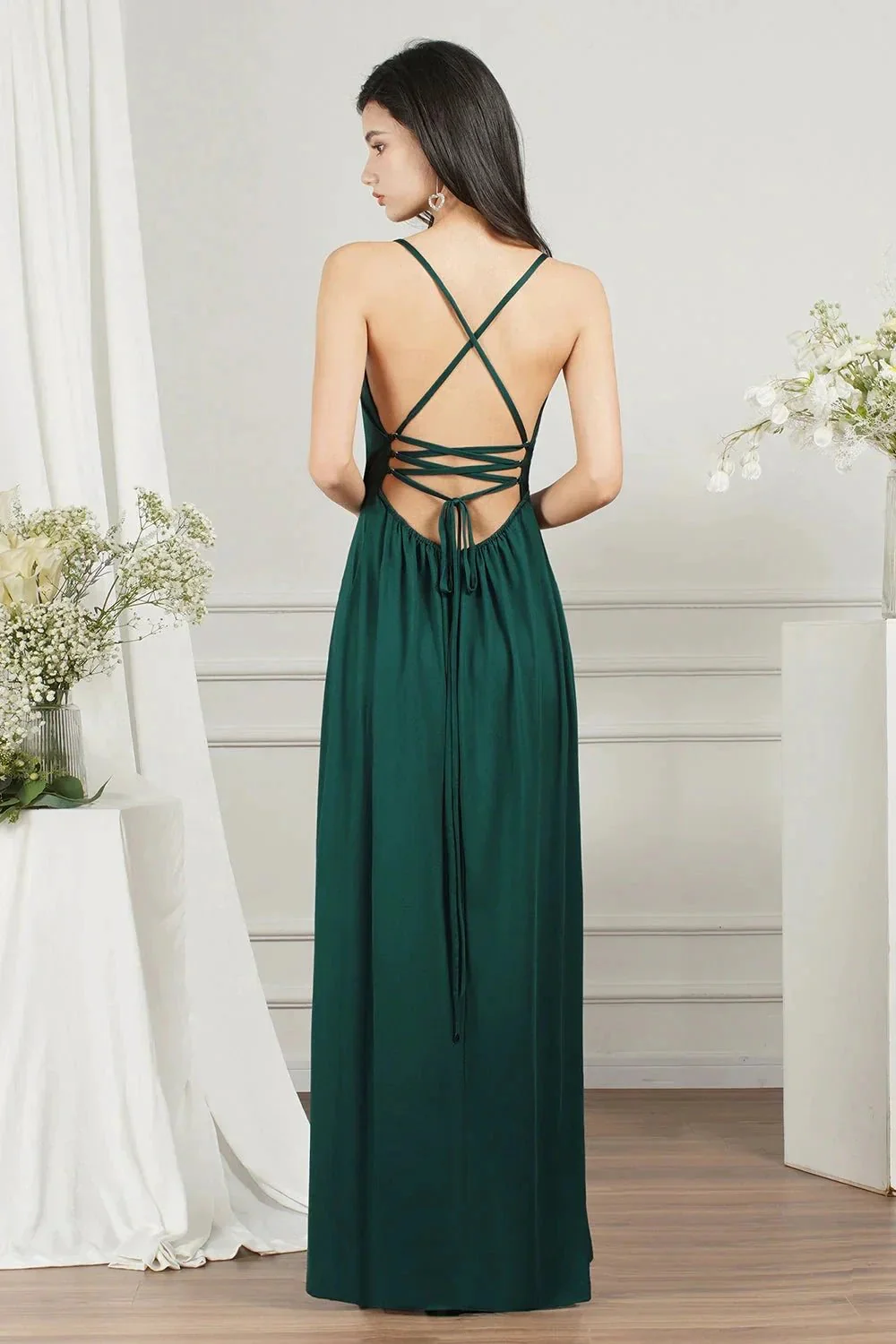 Simple A-line V-neck Backless Long Prom Dress With Slit - Image 4