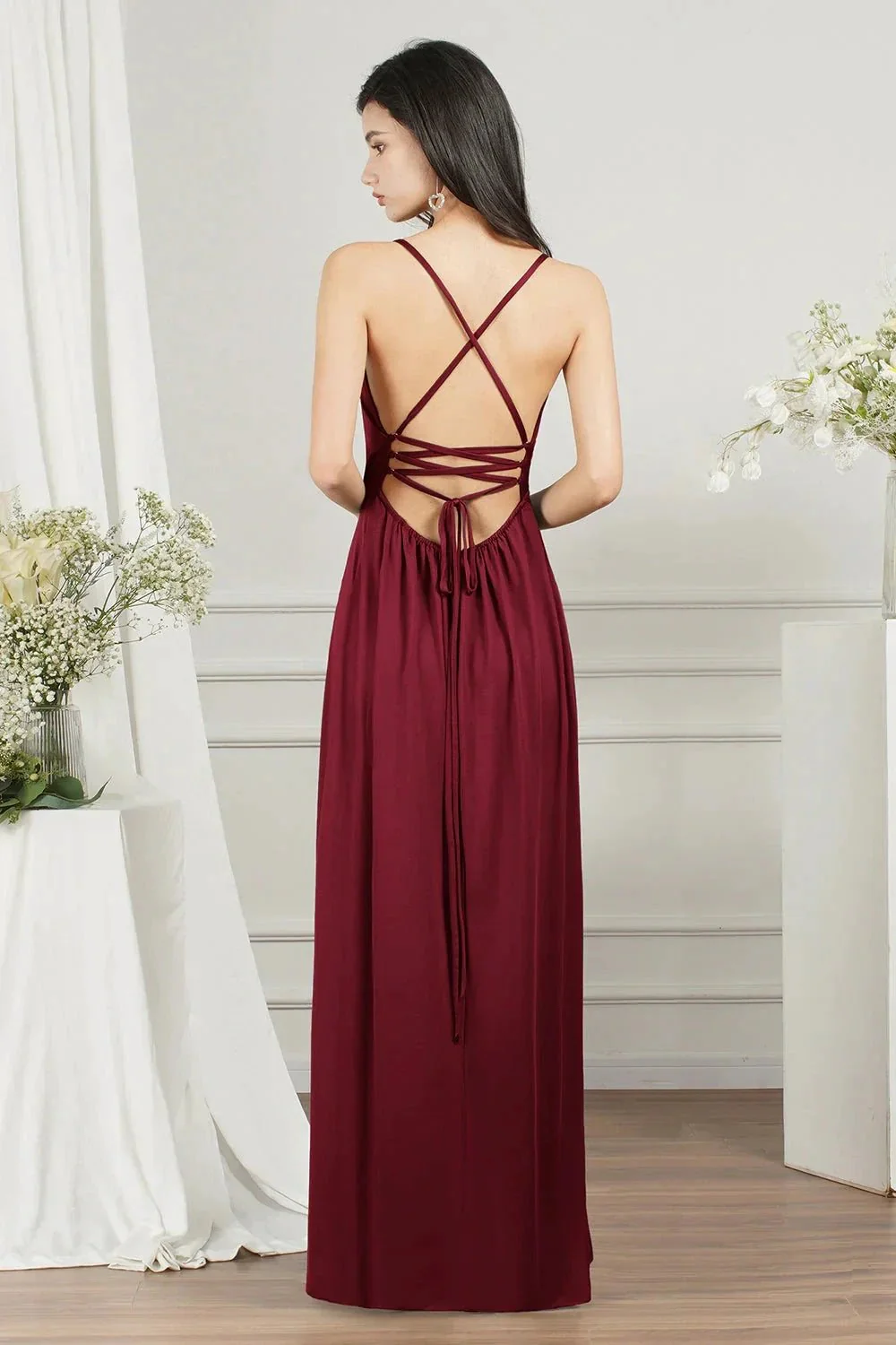 Simple A-line V-neck Backless Long Prom Dress With Slit - Image 6