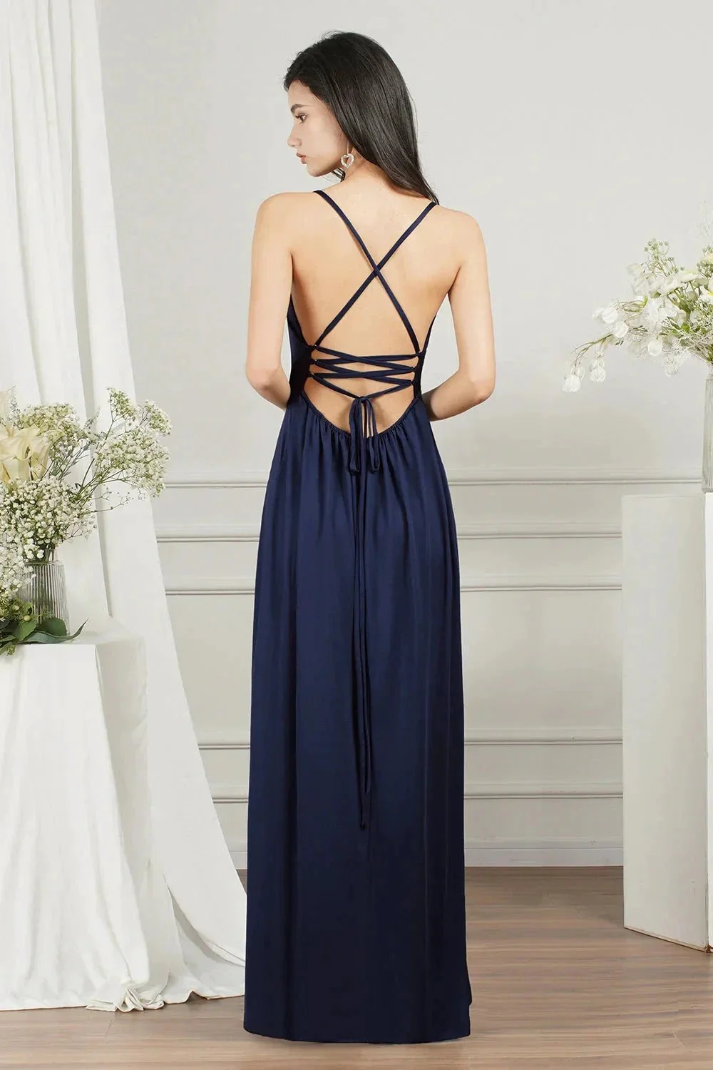 Simple A-line V-neck Backless Long Prom Dress With Slit - Image 7